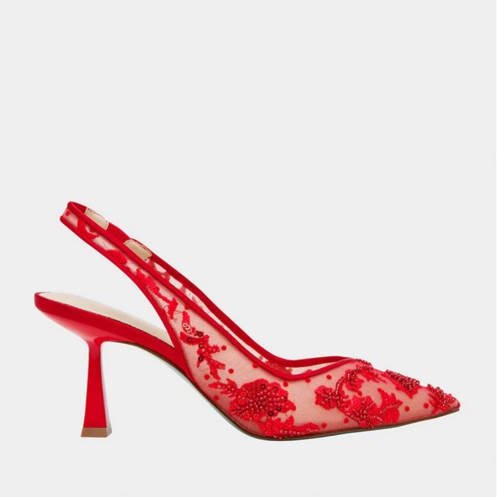 *NEW* Betsey Johnson Nikki Red Pointed Toe Slingback Heel | Beaded Red Heels